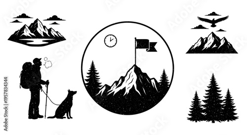 Mountain climbing and adventure silhouettes isolated on white background