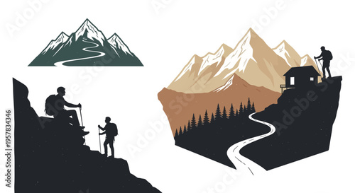 Mountain climbing adventure vector illustrations of hikers and scenic landscapes