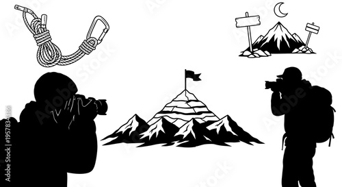 Mountain climbing and photography elements in black and white vector illustration