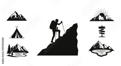 Mountain climbing and outdoor adventure icons in black and white silhouette