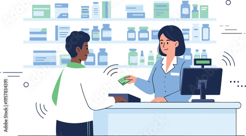 Pharmacy interior scene vector with pharmacist helping customer at counter, medical drug shelves, and contactless credit card payment transaction