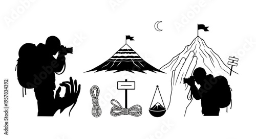 Mountain climbing photographer silhouette collection design elements