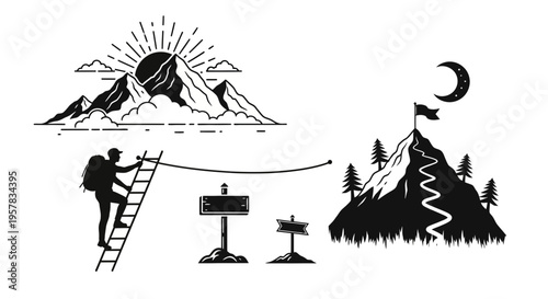 Mountain climbing journey illustration design concepts with landscape elements