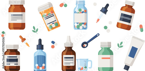 Medical medicine bottles and pills vector set with pharmacy drug containers, antibiotic capsules, vitamin supplements, droppers, and ointment