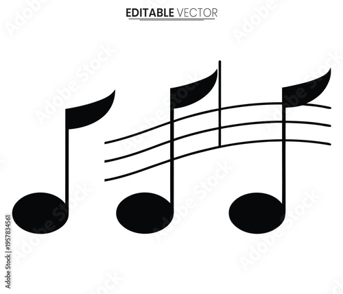 Black musical notes and staff lines in a simple vector design silhouette