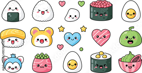 Cute kawaii sushi and Japanese food vector set featuring adorable onigiri, nigiri, maki rolls, and boiled egg characters with smiling faces