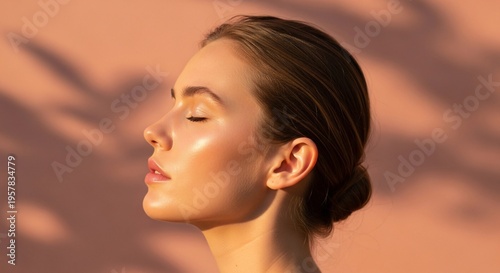 beautiful young woman with closed eyes looking away on blurred orange background