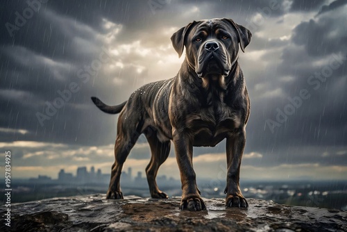 Cane Corso dog standing on a rock in the rain.