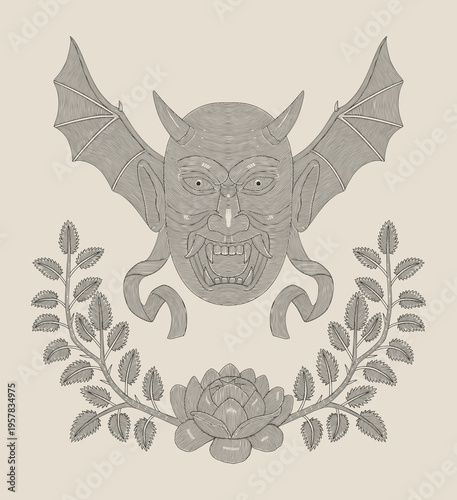 Hannya demon mask with bat wings, ribbon, and branch of rose flower, traditional japanese culture, vintage Engraving drawing style vector illustration