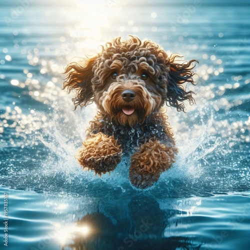 Cute dog jumping out of the water and splashing in the water.