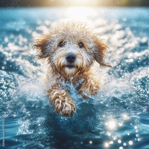 Cute golden retriever puppy swimming in the pool at sunset.