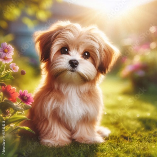 Cute Shih Tzu puppy sitting in the garden at sunset