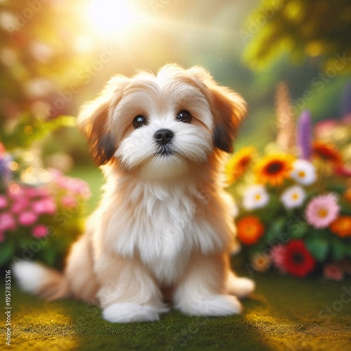 Cute shih tzu puppy sitting on green grass with flowers