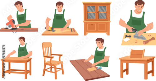 Cartoon Carpenters Vector Set with Timber, Woodworking Professionals Sawing, Planing, Measuring Planks, Furniture Manufacturing, Table and Cabinet Assembly