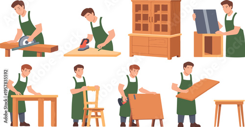 Cartoon Carpenters Vector Set with Timber, Woodworking Professionals Sawing, Planing, Measuring Planks, Furniture Manufacturing, Table and Cabinet Assembly