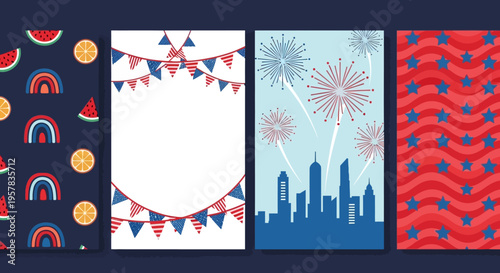 Set of Four Patriotic 4th of July Backgrounds for Social Media Stories, Featuring Fireworks, Stars, Stripes, and Summer Fruit Illustrations in Red, White, and Blue