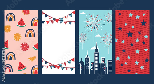 Social Media Story Templates Set with Summer Fruits, Party Bunting, City Fireworks, and Patriotic Star Patterns