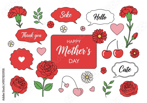 Happy Mother's Day Vector Illustration Set with Floral Elements, Hearts, and Cute Speech Bubbles