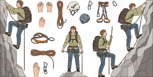 Rock Climber with Gear and Equipment Vector Set Featuring Ropes, Harness, Helmet, and Carabiners for Outdoor Adventure and Climbing Illustrations