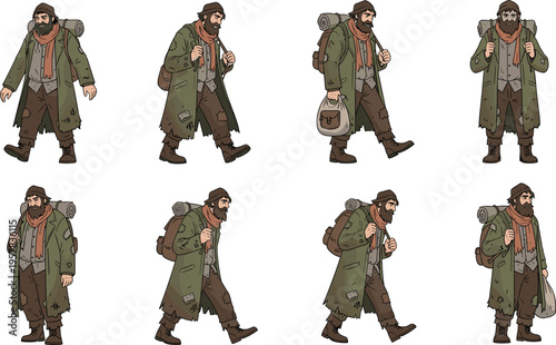 Rugged Traveler and Hiker Character Set with Backpack, Worn Clothes, and Outdoor Gear for Adventure, Exploration, and Travel Illustrations