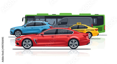 Transportation fleet illustration variety of vehicles on white background