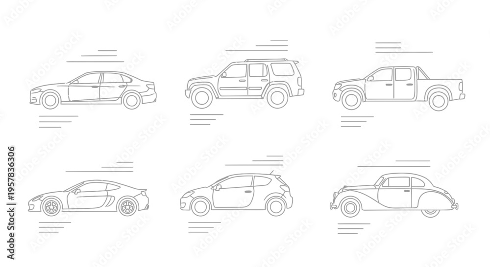Obraz premium Outlined car collection diverse vehicles isolated on white background