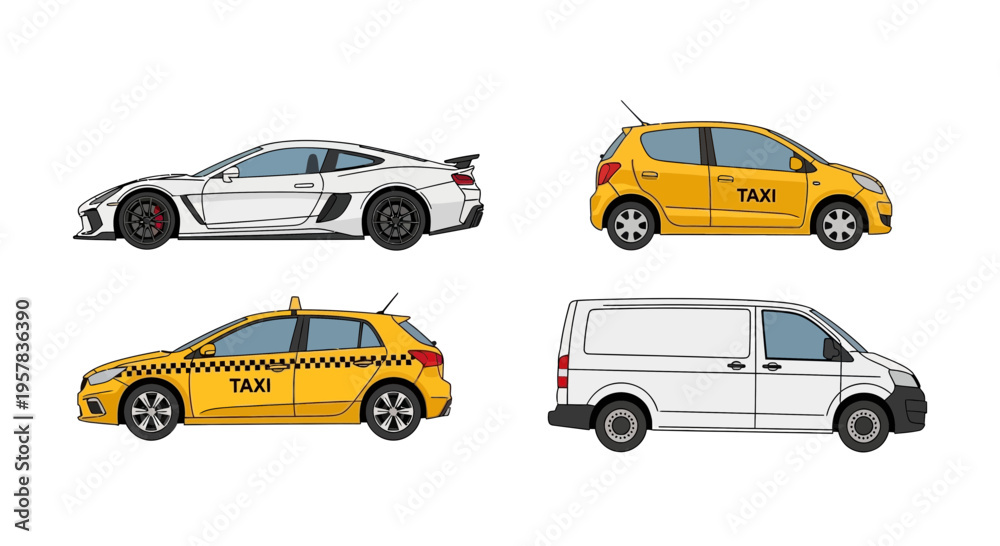 Obraz premium Set of four different cars sports coupe taxi hatchback delivery van