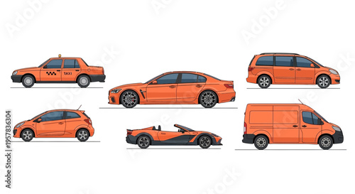Orange vehicles collection sedan hatchback convertible taxi van and minivan