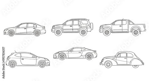 Outlined car collection sedan suv pickup coupe hatchback vintage automobiles