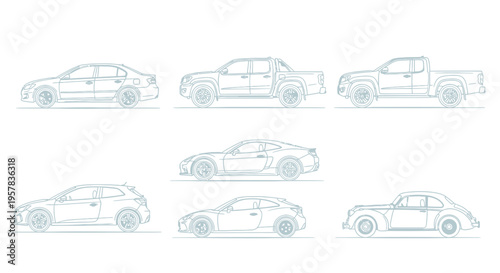Outlined car collection sedan pickup trucks hatchback coupe and classic vehicles