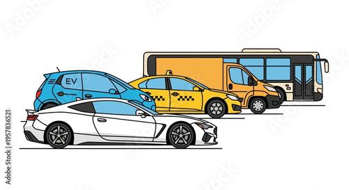 Transportation fleet illustration diverse cars vans and buses in vector style