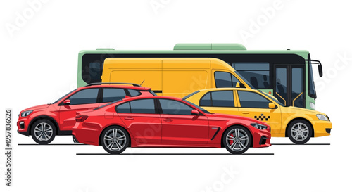 Transportation fleet illustration featuring cars van and bus on white background