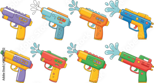 Kids Water Gun Vector Set with Plastic Toy Blasters, Summer Outdoor Games, Liquid Splashes, Pump Handguns for Songkran Party
