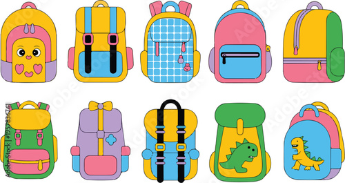 School Colored Backpacks Vector Set with Bright Kids Rucksacks, Patch Pockets, Keychains, Badges, and Student Accessories PNG Collection
