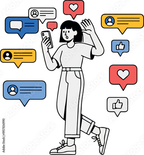 Young Woman Overwhelmed by Social Media Notifications and Digital Overload