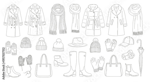Outlined winter apparel collection coats scarves hats gloves and accessories