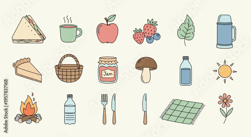Picnic food and elements illustration set against a light background