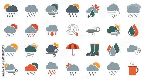Weather icons set illustrating rain clouds wind sunshine and autumn elements