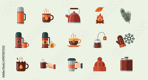 Winter icons set coffee cups thermos kettle fire leaves and more