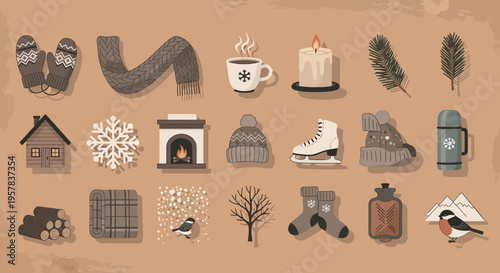 Winter season icons set cozy mittens scarf cup candle and more