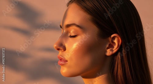 side view of beautiful young woman with closed eyes looking away on blurred background