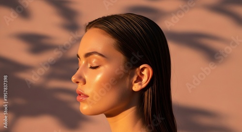 side view of beautiful young woman with closed eyes on beige background