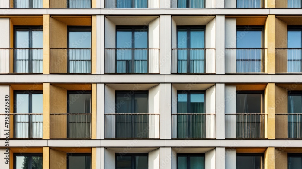 Fototapeta premium Modern apartment building facade with repeating rectangular windows and balconies