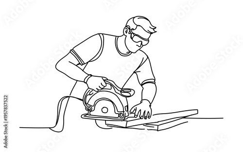 continuous line drawing worker wearing goggles while cutting wood