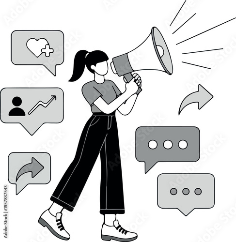 Woman with Megaphone Announcing Social Media Marketing and Digital Promotion