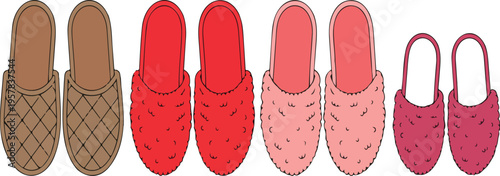 Homemade Family Slippers Vector Set with Dad, Mom, Son, and Daughter Footwear, Fluffy Flip Flops, Fur and Felt Cozy Shoes