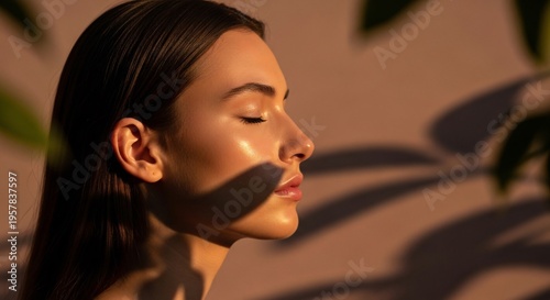 sun side view of beautiful young woman with closed eyes looking away on beige background