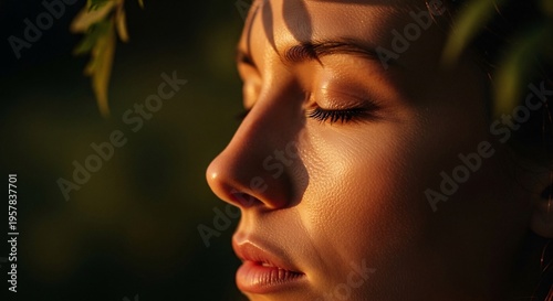 vibrant sun beautiful young woman with closed eyes looking away isolated on beige