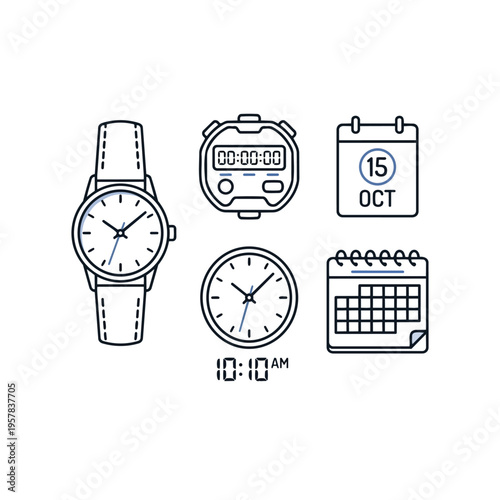 Set of time and date icons including analog watches, a stopwatch, and calendars, collection of minimalist linear clock and scheduling symbols.