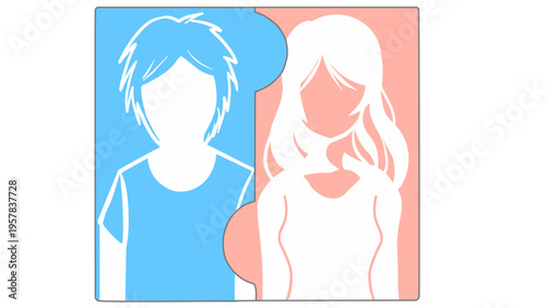 ジェンダー平等と多様性のアイコンイラスト（パズル・男女・パートナーシップ・ベクター素材）：Gender equality and diversity concept illustration. Flat vector silhouettes of man and woman with puzzle background.
